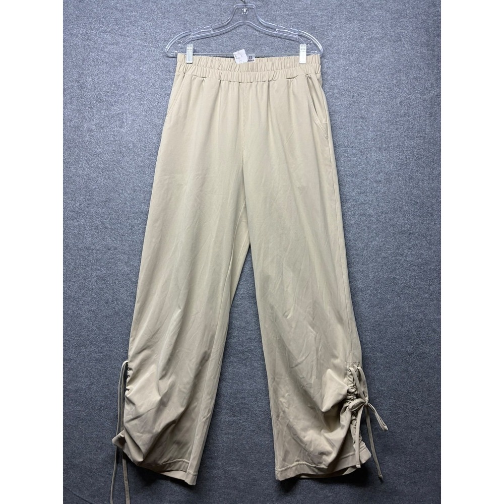 Mono B Women's Beige Wide Leg Ankle Pants Drawstring Stretch Size L Sorona